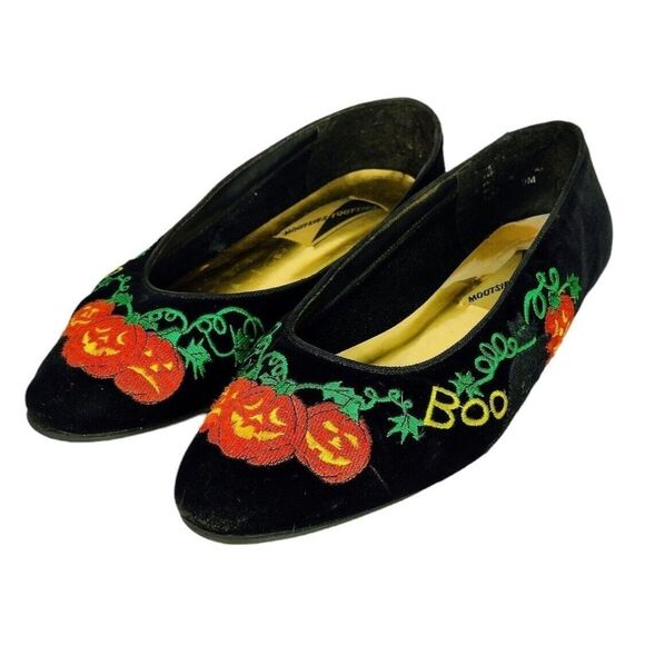 Vintage Halloween Cat Pumpkin Patch "Boo" Tootsies Fall Black Velvet Ballet Flat - Picture 1 of 11
